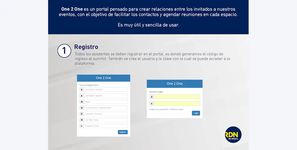RDN Global One2One system registration, login and profile views